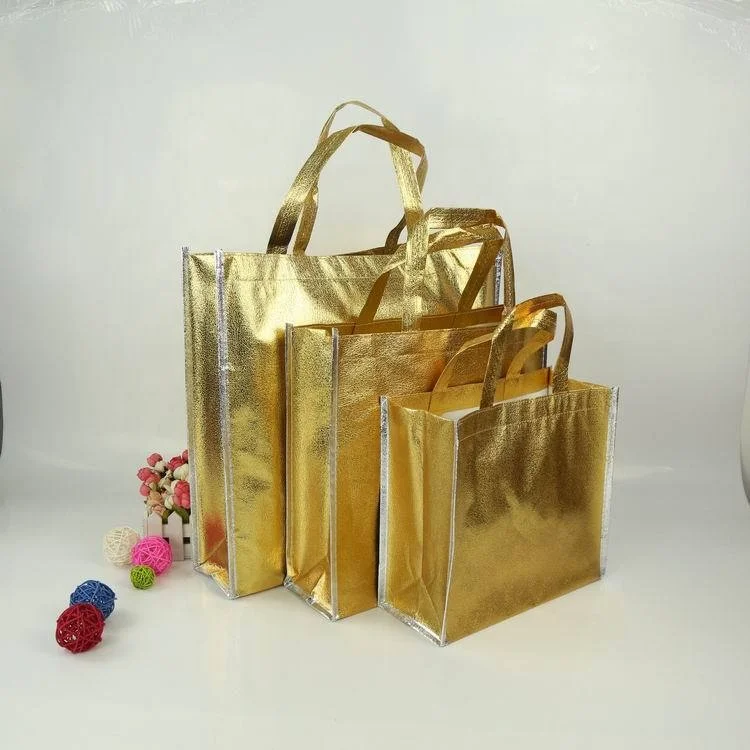 

Custom gold non-woven bags shopping tote bags advertising bags with printed logo, Cmyk and pantone color