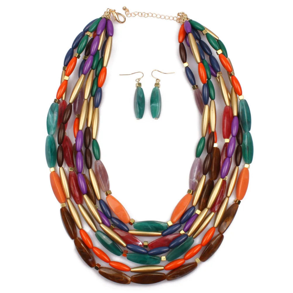 

T8057 High quality fashion multi color beads jewelry set Bohemian multi beads necklace and earrings set