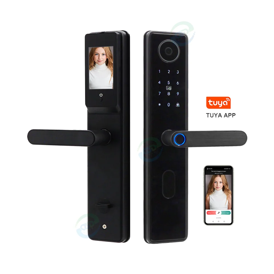 

Tuya Wifi App Camera Cat Eye Smart Door Lock Biometric Fingerprint Digital Door Viewer Handle Smart Lock with Screen