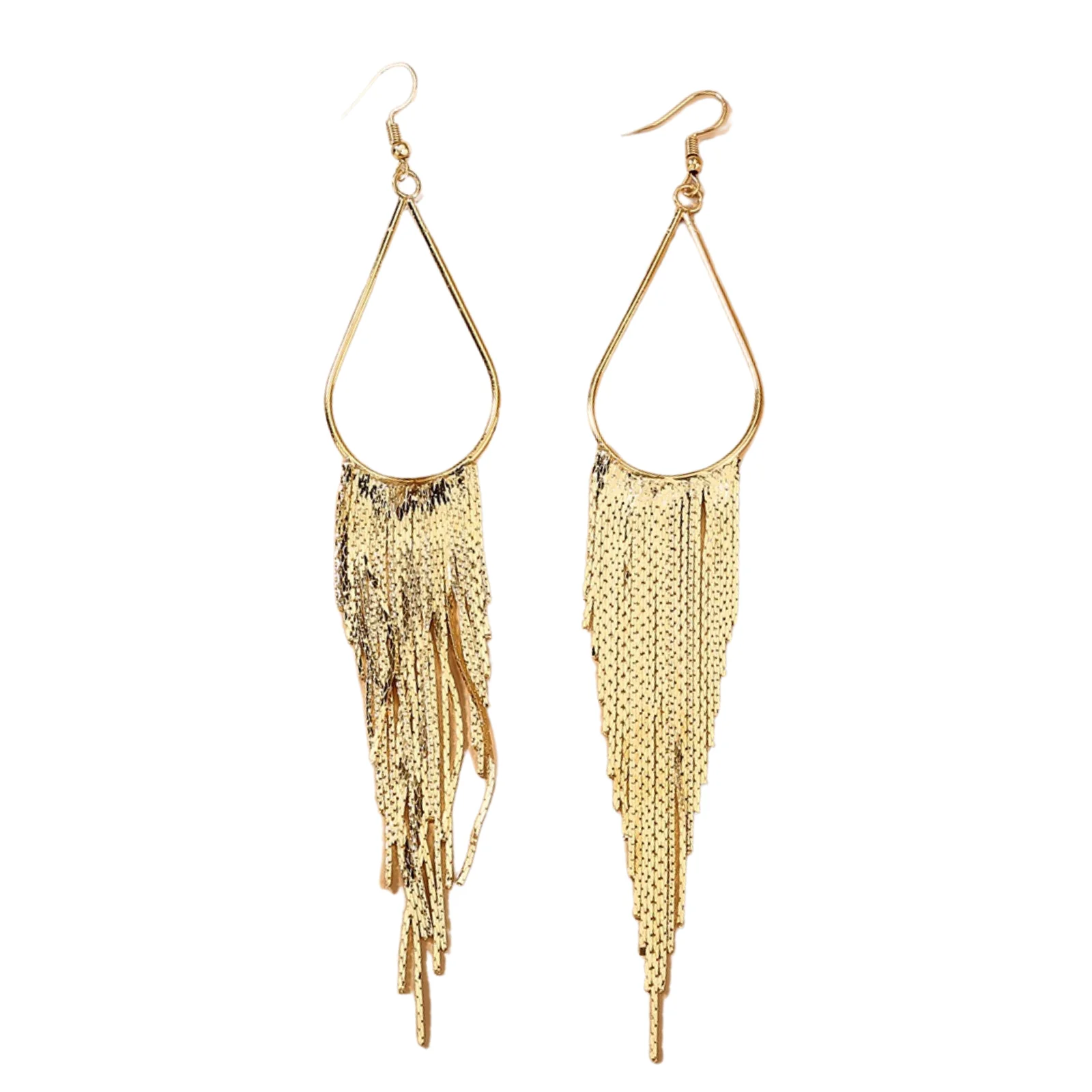 

SE586 Exaggerated Gold Plated Curved Open Triangle with Long Chain Tassel Fringe Drop Earrings