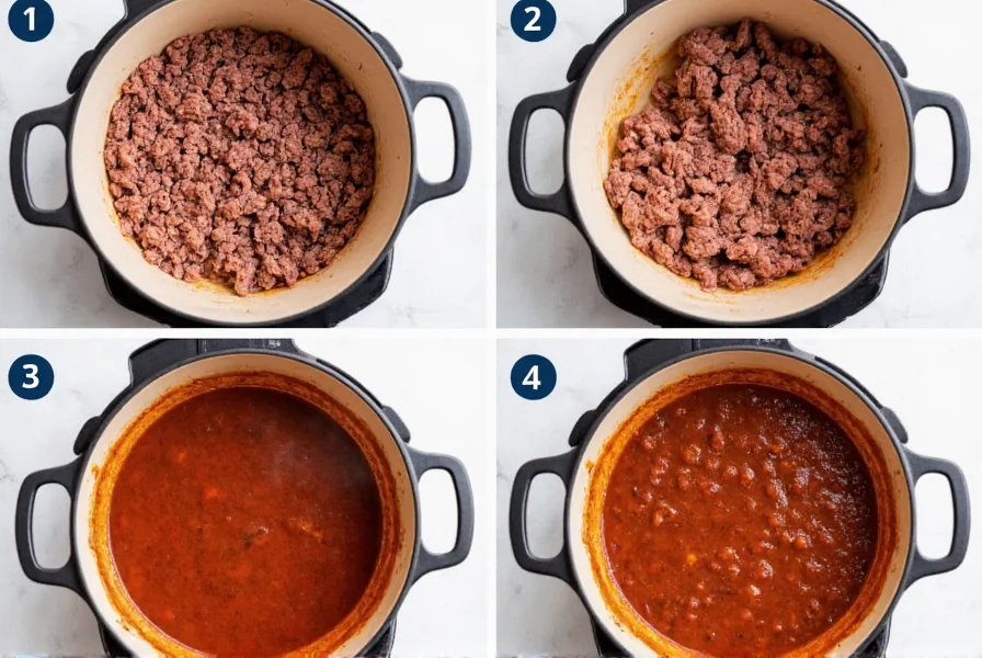 Step-by-step preparation of authentic skyline chili recipe showing ground beef browning in a large pot