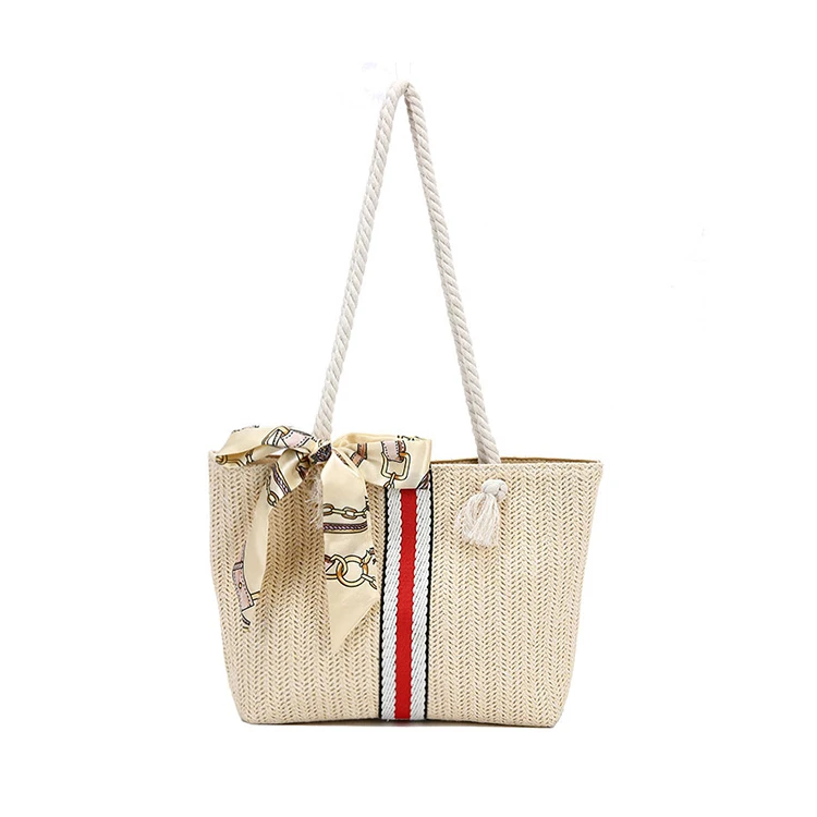 

Summer Beach Straw Woven Women Tote Bag With Scarf, Beige or customized color