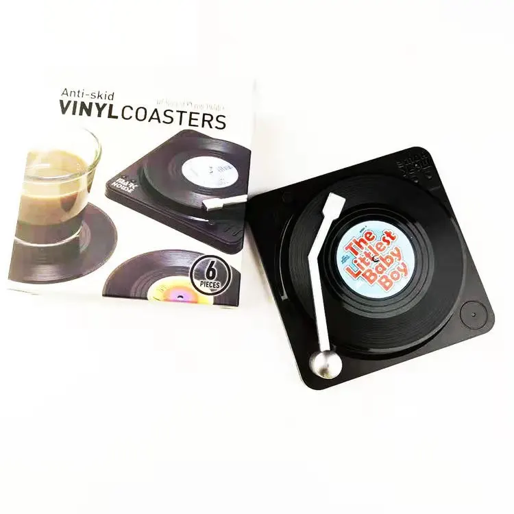 

Plastic Retro vinyl record coaster cup mat with coaster player holder, Black with label