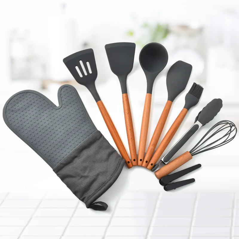 

New Design Silicone Kitchen Accessories Handle Modern Cooking Tools Household Kitchen Utensils Set with Wood Grain Plastic, We can do the color as your request