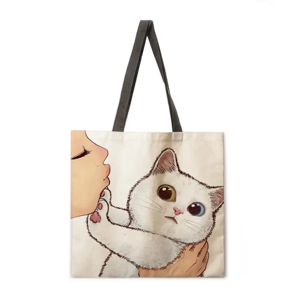 

Kissing cat casual tote bag linen reusable shopping outdoor beach casual tote bag, As pictures