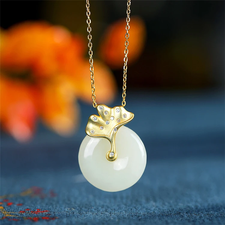 

Aimgal jewelry S925 sterling silver inlaid Hetian Jade safety buckle retro Lotus sweater chain pendant necklace for women AP2