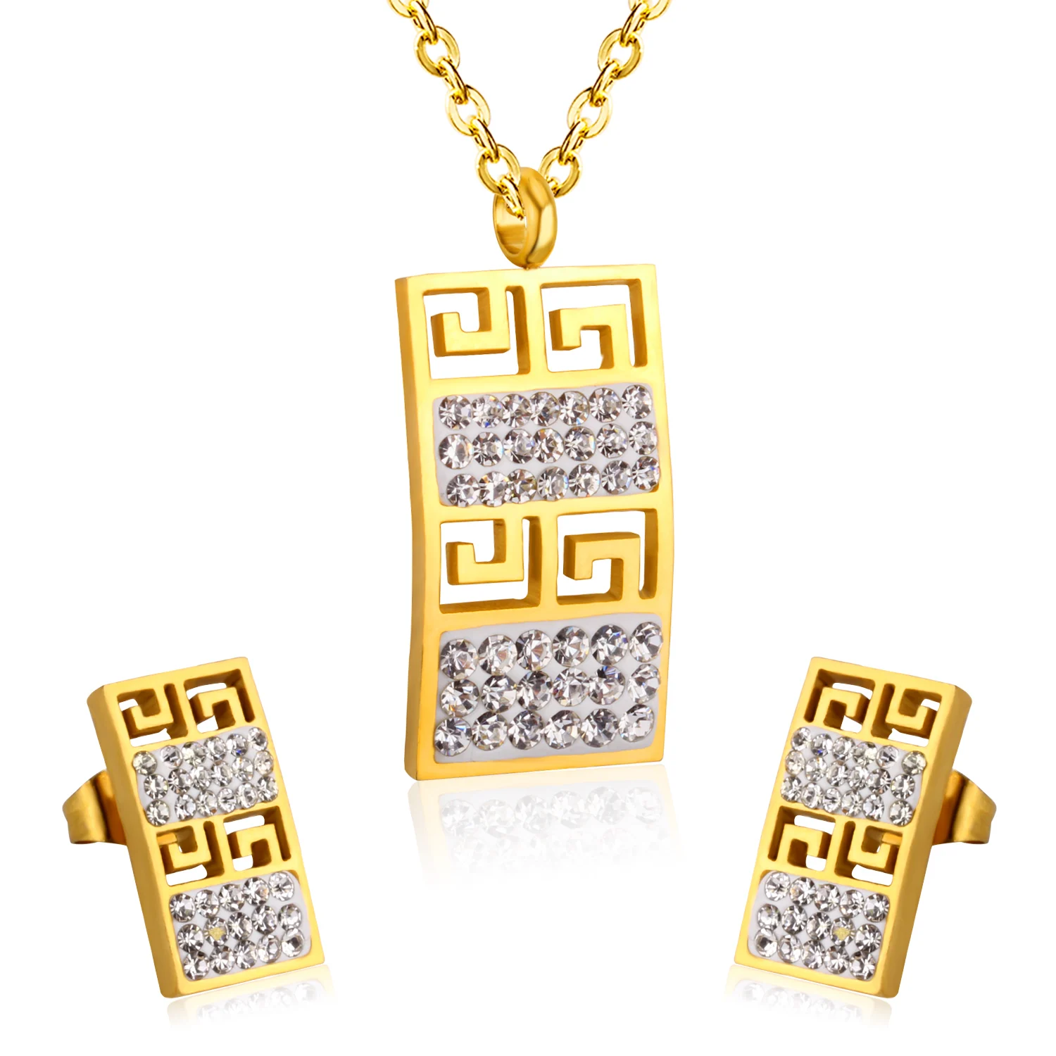 

Jewelry Set Gold Stainless Steel For Men High Quality Gift Silver Rectangle Carving Necklace Shiny Zircon Earring