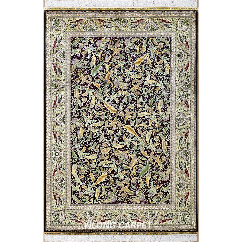 

YILONG 6'x9' Handmade Silk Carpet Green Leaf Home Office Living Room Rug