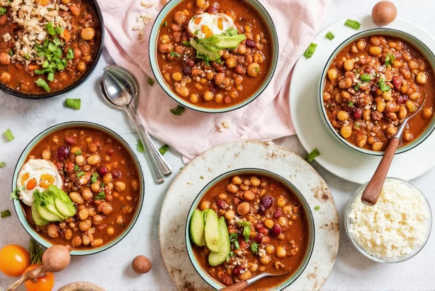 Variations of vegan slow cooker chili with different beans, vegetables, and toppings displayed in separate bowls