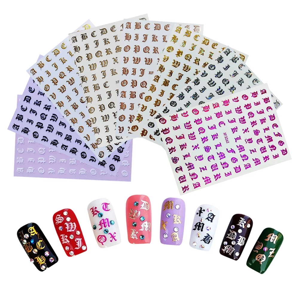 

New 2021 Laser Aurora Old English Alphabet Nail Art Decals DIY Manicure Decorations Rose Gold Vintage 3D Nail Stickers Letters