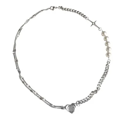 

New Trend Simple Metal Chain Necklace Pearl Cross Necklace, Sliver