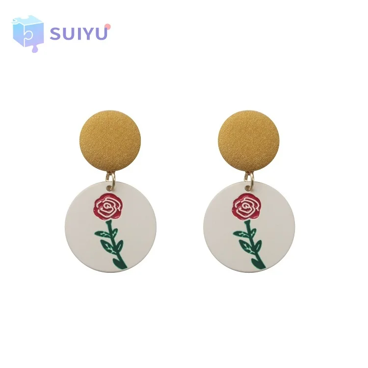 

Original Design Hot Sale Silver Needle Yellow Button Alloy Beautiful Rose Flower Print Drop Earrings