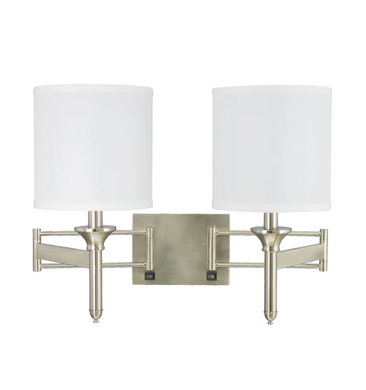 2 Light Swing Arm Wall Lamp, Brushed Nickel Bedside Hotel Headboad Reading Lighting Modern Wall Light with Fabric Shade