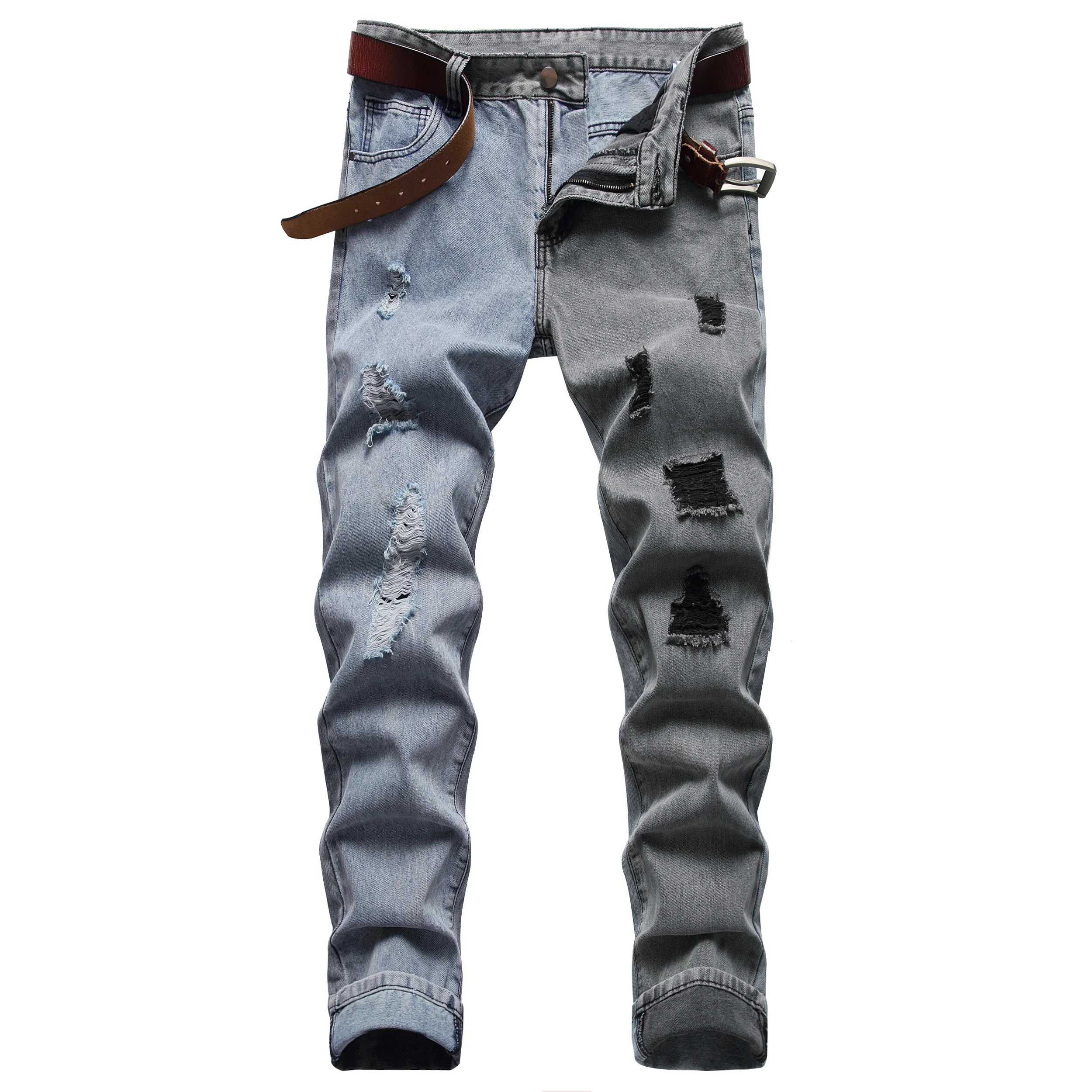 

Fashion Men Jeans High Quality Washed Ripped Denim Men Jeans Trousers, Light blue