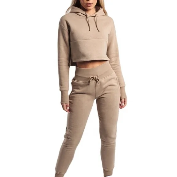 

65% cotton 35% polyester fleece custom women tracksuit set crop top hoodie with matching jogger sweatpants, Provide color chart