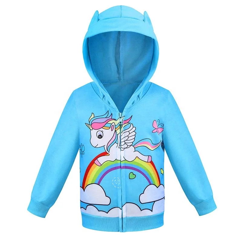 

Children's jacket 2021 new children's print jacket girls rainbow unicorn sweater zipper hoodie, Hoodies for kids in light blue ,purple,pink,blue color.