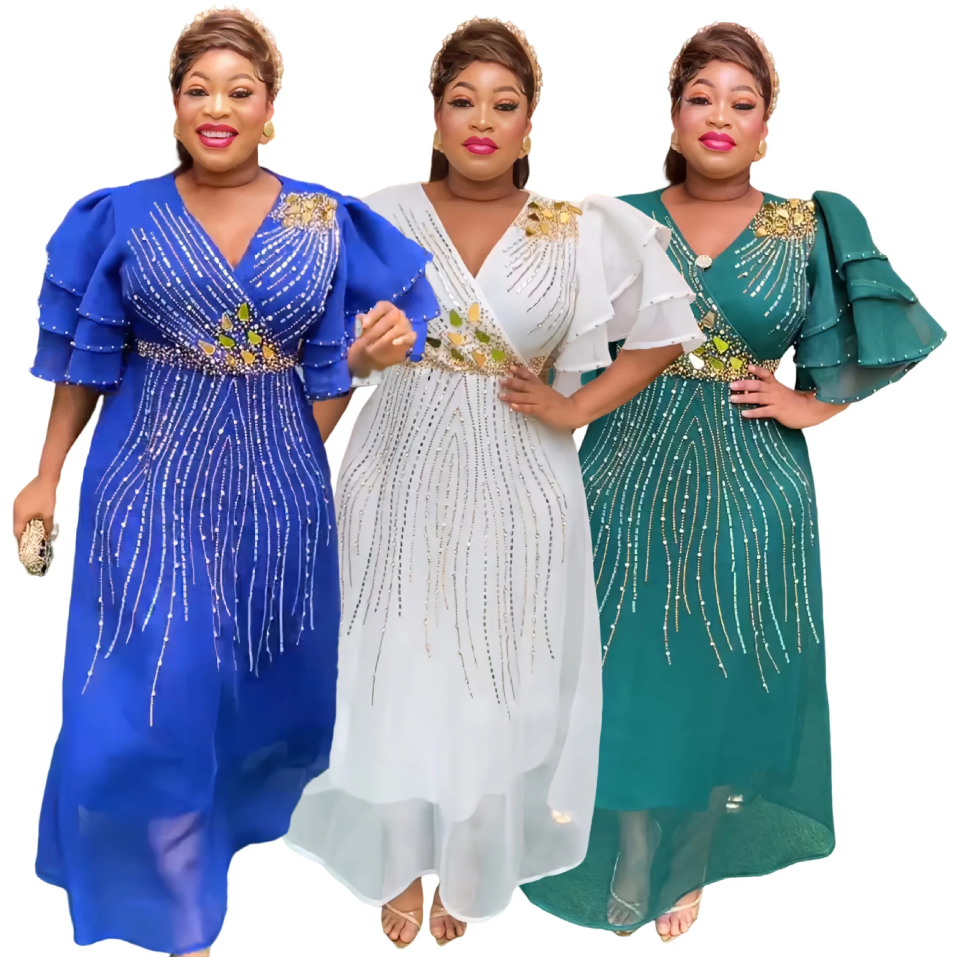 

Africa new arrival fashion round neck sexy sequins slim fit elegant gown long sleeved temperament maxi evening dress