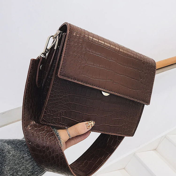 

High quality stone pattern wide strap crossbody shoulder bag lock crocodile pu leather ladies hand bags, Black,brown