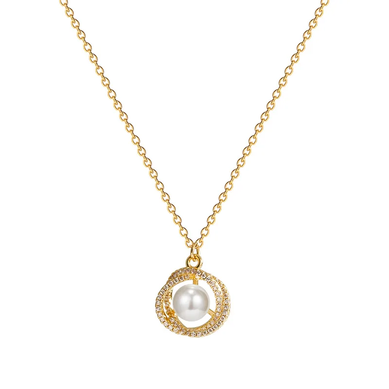 

2021 New Arrival Circle Pendant Necklace With Micro Paved Crystal Pearls Pendant Necklace Stainless Steel Necklace, As picture