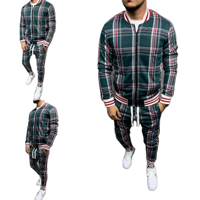 

Gentlemen sport casual striped plaid jacket two pieces suit men's zip-up loose coat trousers Tracksuit 2021 plus size New style