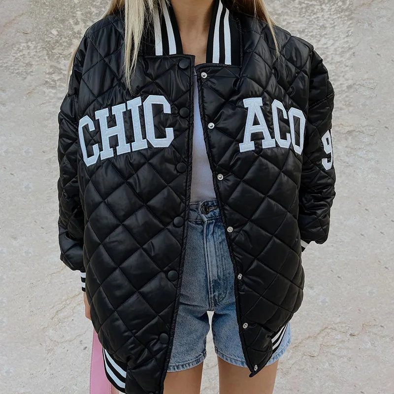 

Streetwear fashion letter varsity bomber jacket Embroidered Diamond quilted lining cotton oversized padded down coats, Customized colors