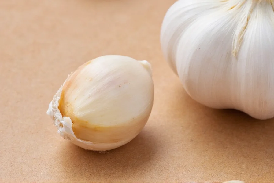 Comparison of fresh garlic cloves next to measuring spoons showing volume equivalents
