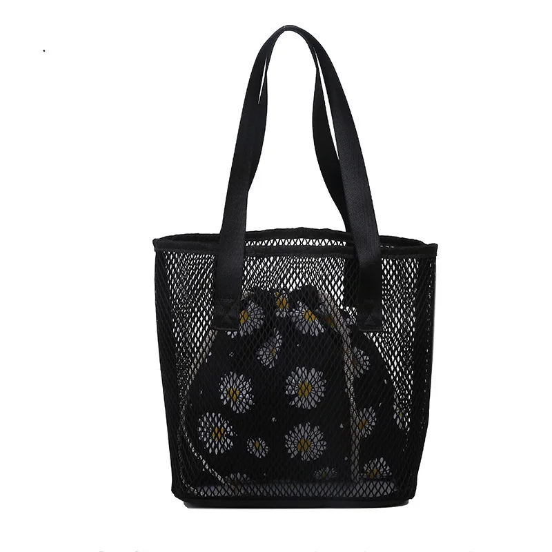 

2020 Summer Newest Ladies Woman Mesh shoulder bag beach travel 2pcs set clutch purse handbag for girls, Black/blue/pink/customization