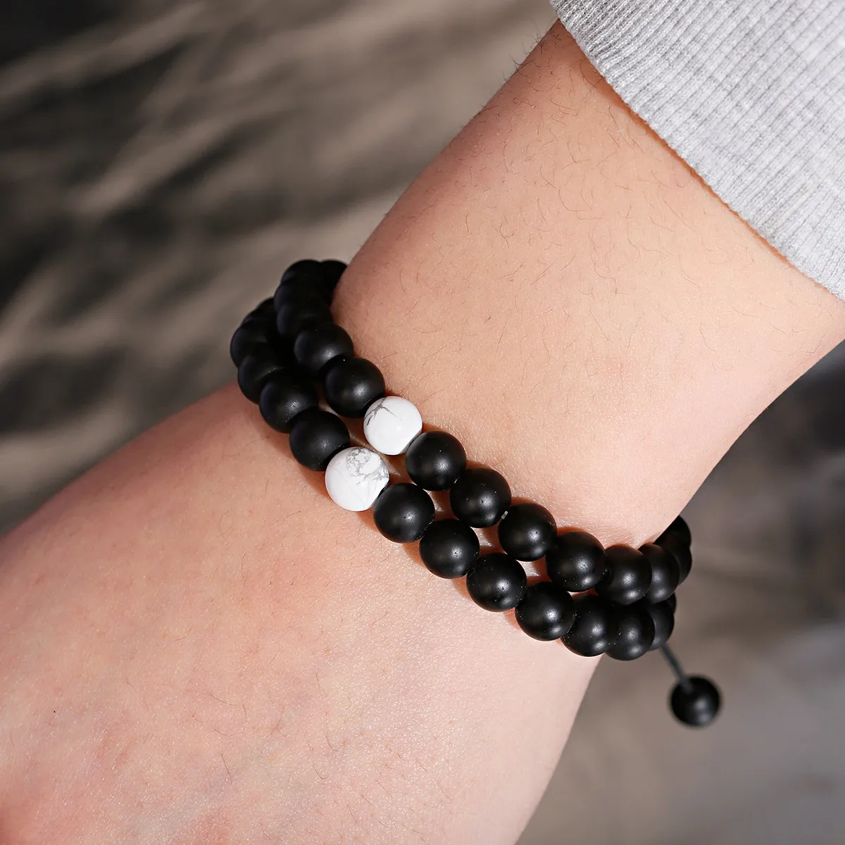 

2 Pcs Fashion Natural Obsidian Black Matte Onyx Stone White Howlite Braid With One Bead Opal Bracelet Set Charm Gift, Multi-colors