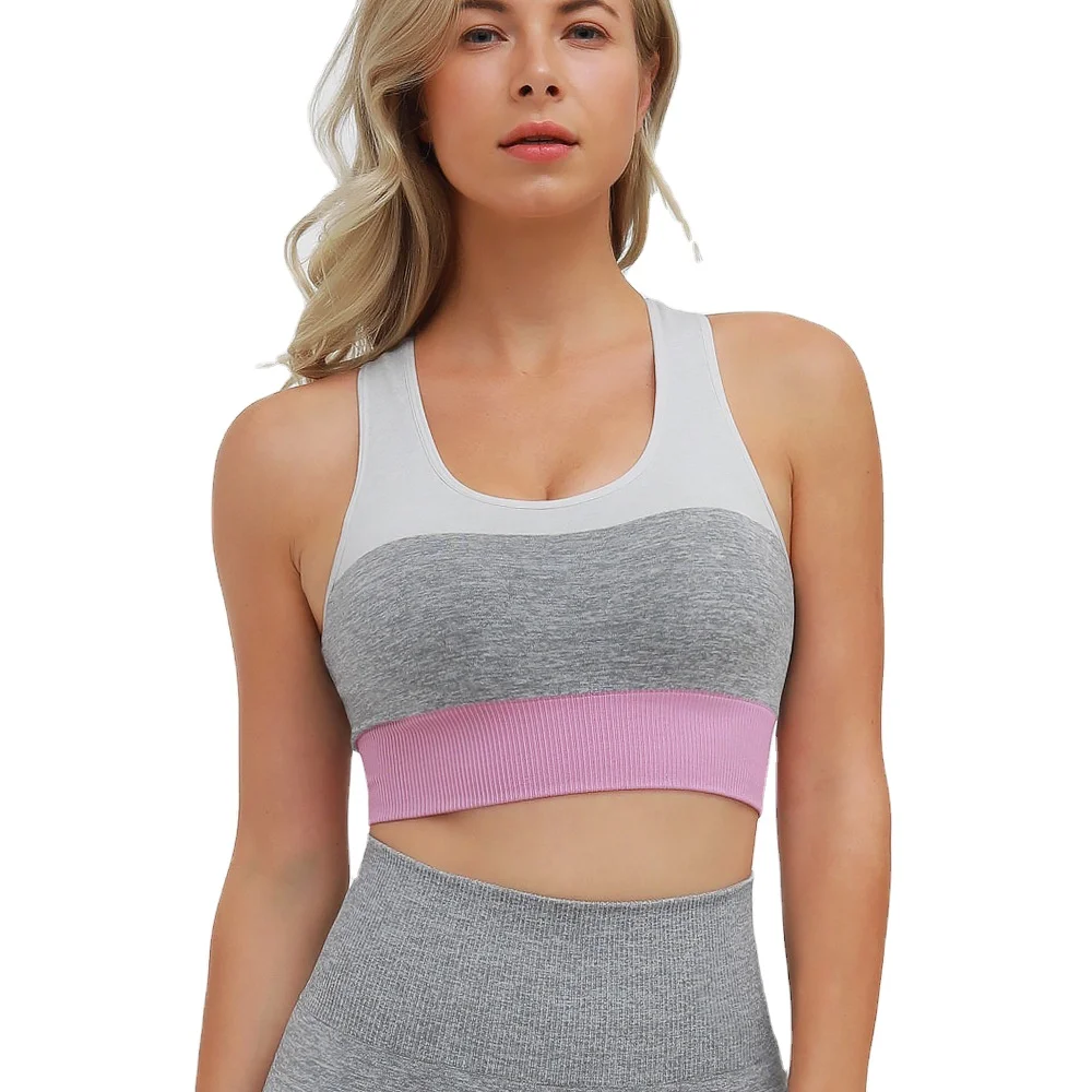 

Custom New Knitted Seamless Sports Shockproof Yoga Bra Contrast Stitching Sports Tops For Women, As shown