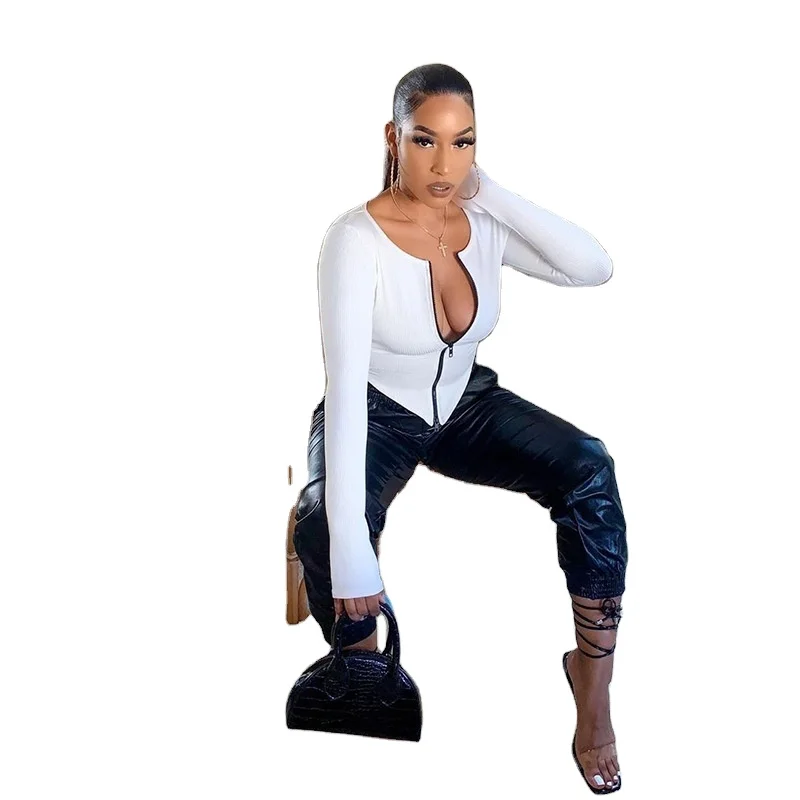 

Wholesale Ladies Long Sleeve Round Collar Contrast Color Zipper Pointed Slim Casual Women Tops Blouses