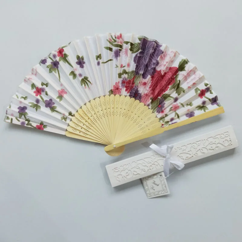 

[I AM YOUR FANS]Japanese White Satin Floral Design Fabric Bamboo Frame Wedding Souvenirs Hand Fan with gift box