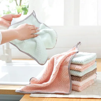 

Plain coral velvet double-sided absorbent dishcloth thickening dishcloth towel, Green,pink,orange,beige