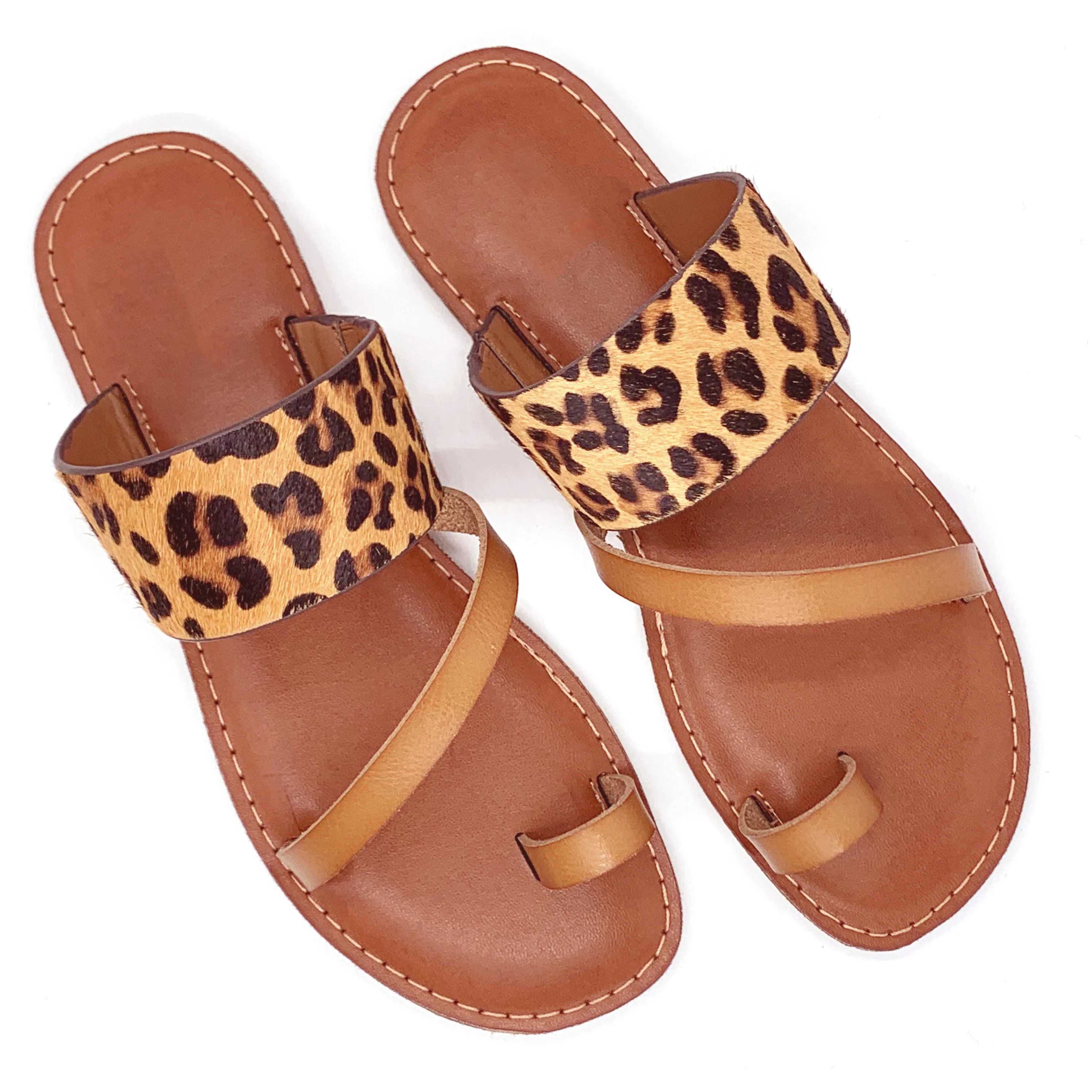 

Women Ladies Leopard Genuine Leather Print Women's Shoes Flat Summer Slippers and Sandals For Women Shoes, Brown