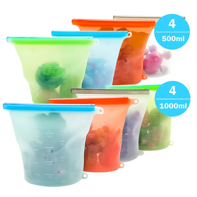 

Free Sample Amazon Hot Sale 500ML 1000ML Leakproof Snack Reusable Silicone Self-Sealing Vacuum Food Storage Bag, Clear,blue,green,red