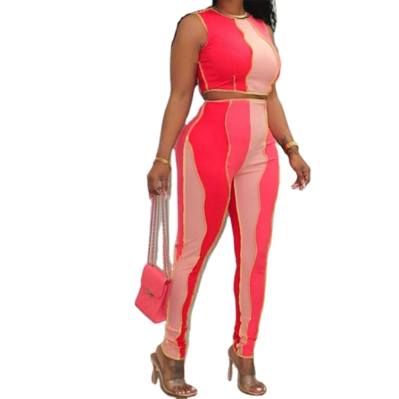 

2021 new arrivals summer designs women contrast panel crop top with full length casual pants set