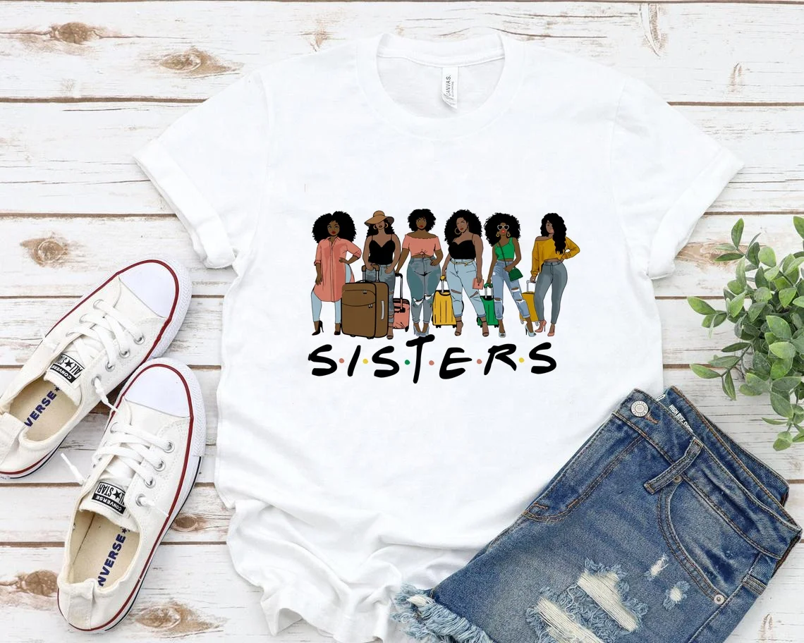 

New Design Short Sleeve Women Tees Shirt Black Art African Sister Printing Loose Fit Custom Ladies Tshirt, Black white gray dark blue red