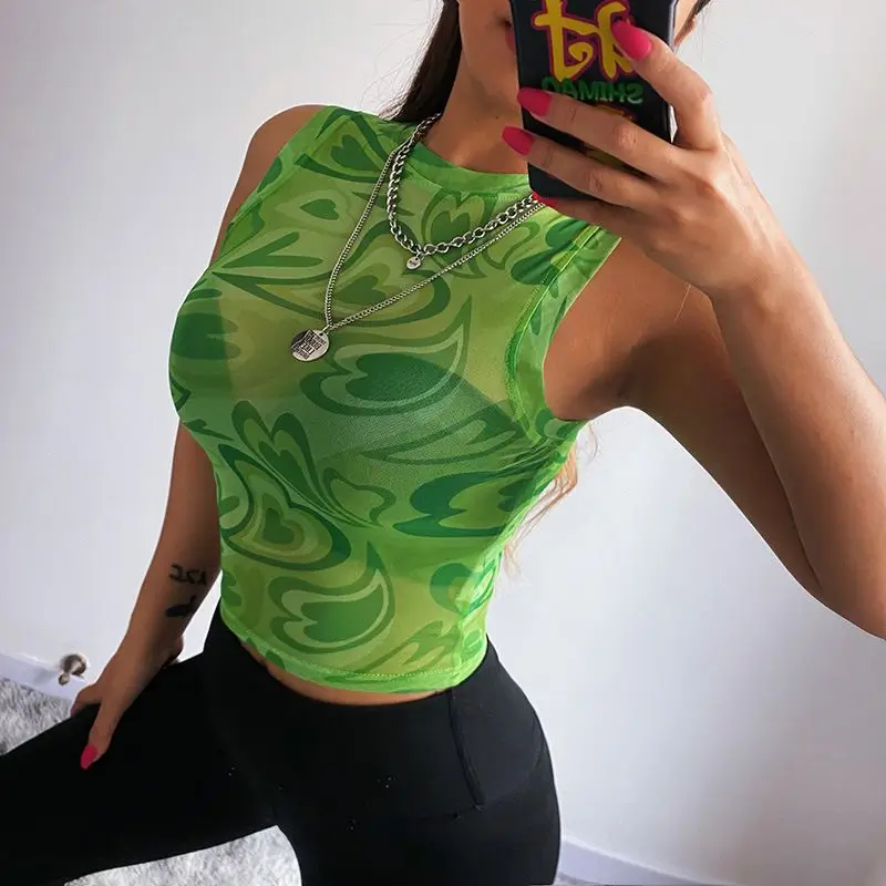 

2021 new arrivals fashion summer sleeveless Mesh printed camis women ladies tank Tops, As picture