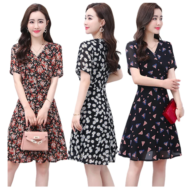

Large size women's 2021 summer chiffon print dress was thin temperament Korean dress
