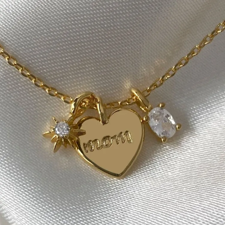 

Hot Sale Fashion Stainless Steel Mom Mama 11 lucky letter Heart Pendant Custom Zircon 18k Gold Plated Necklace Jewelry Gift