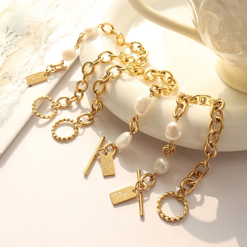 OT buckle clasps freshwater pearl stainless steel gold plated bracelet with baguette letter pulsera de acero inoxidable