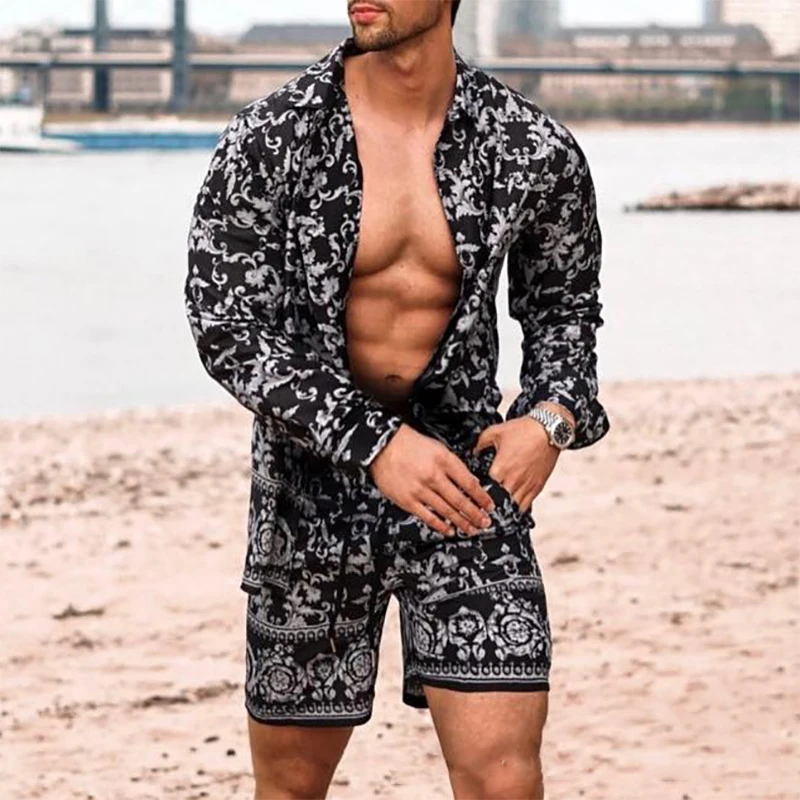 

2021 summer ensemble homme beach two 2 piece long shirt and short sweatsuit set men