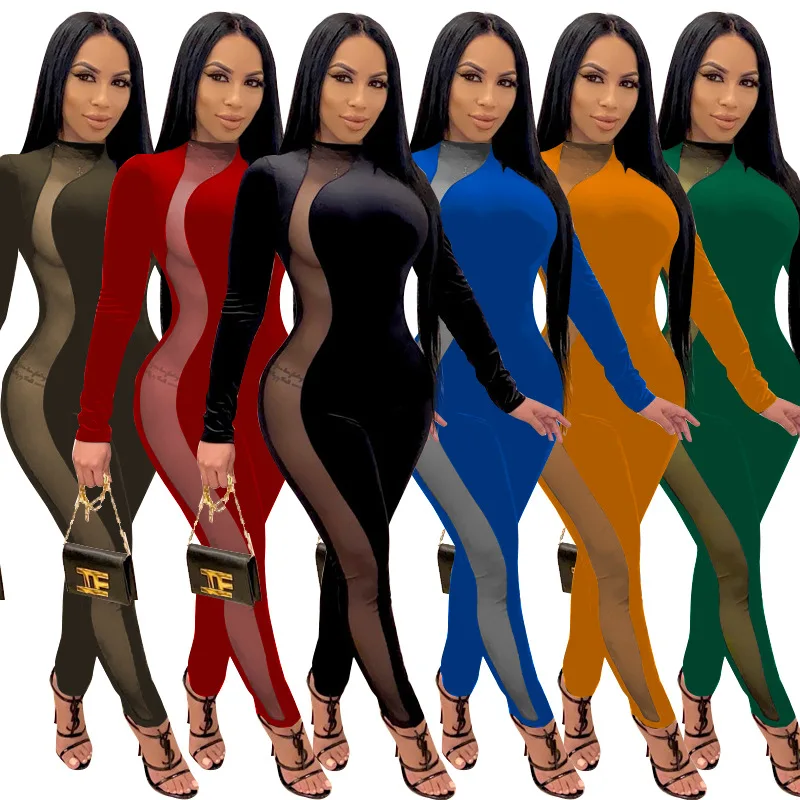 

Free Shipping C11135 - Fashion Fit Mesh See Throough Transparent Sheer Ladies Jumpsuit