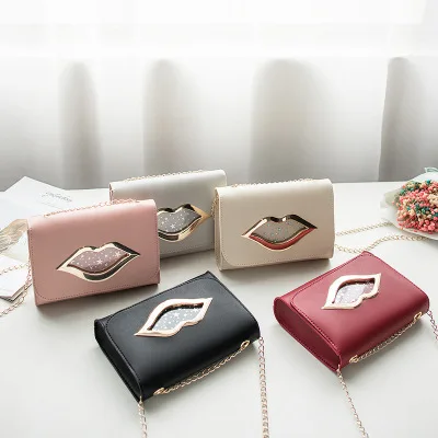 

FLB054 fashion 2020 summer square mini lips bag chain small crossbody women hand bags handbag, Black, red,pink, gray, white