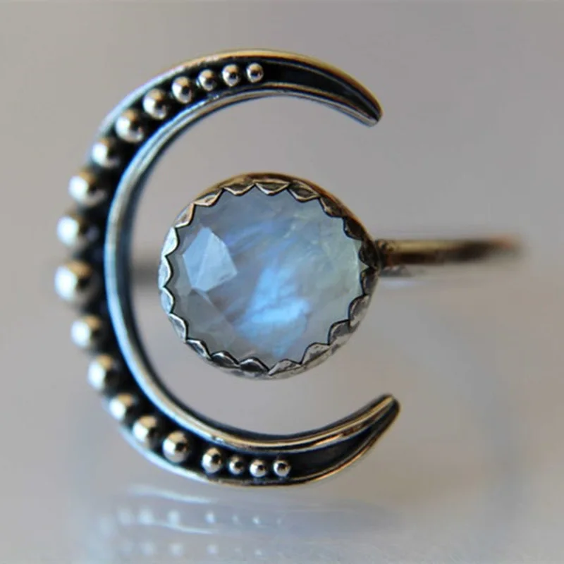 Creative Natural Moonstone Moon Shape Ring Vintage Open Adjustable Moon Ring for Women