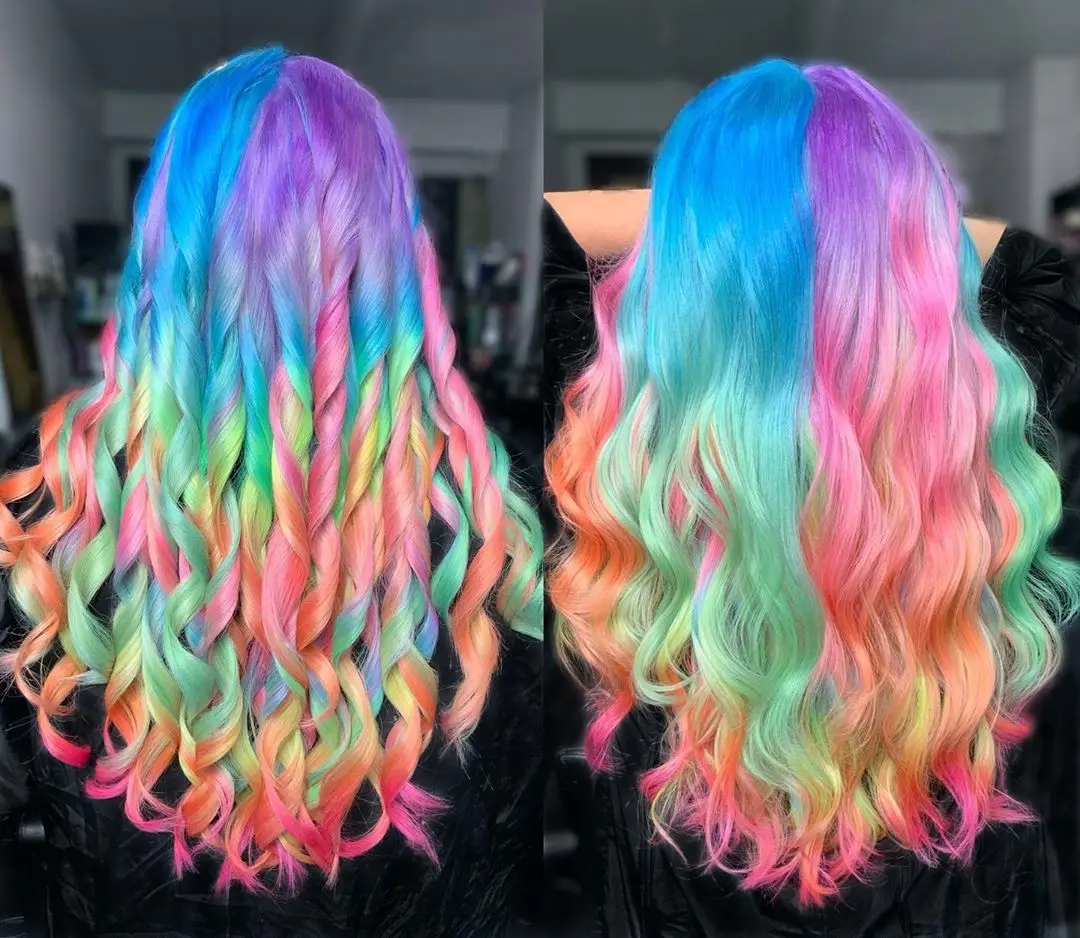 

Women Cosplay Multicolor Stitching Gradient Wig Long Wig Curved Big Wave pink and Blue Purple green Color Wigs