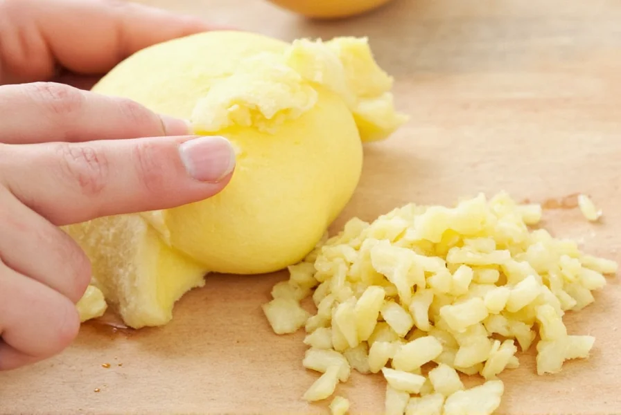 Close-up of freshly grated ginger in a small bowl next to various cooking ingredients showing culinary applications