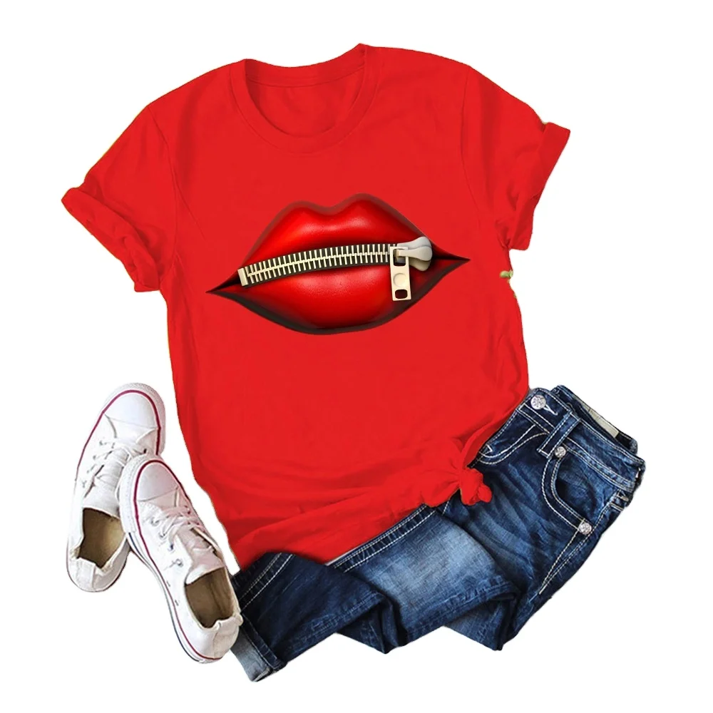 

Women's Short-sleeved Tee Tops Cotton T-shirt Lips Print Plus Size