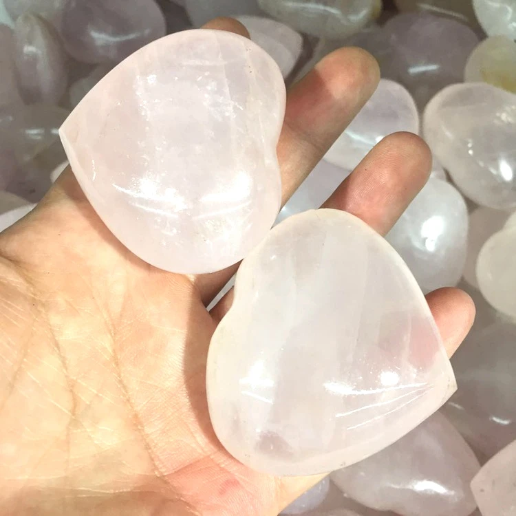 

Natural hand carved rose quartz crystal heart shape stones palm stones healing, Pink