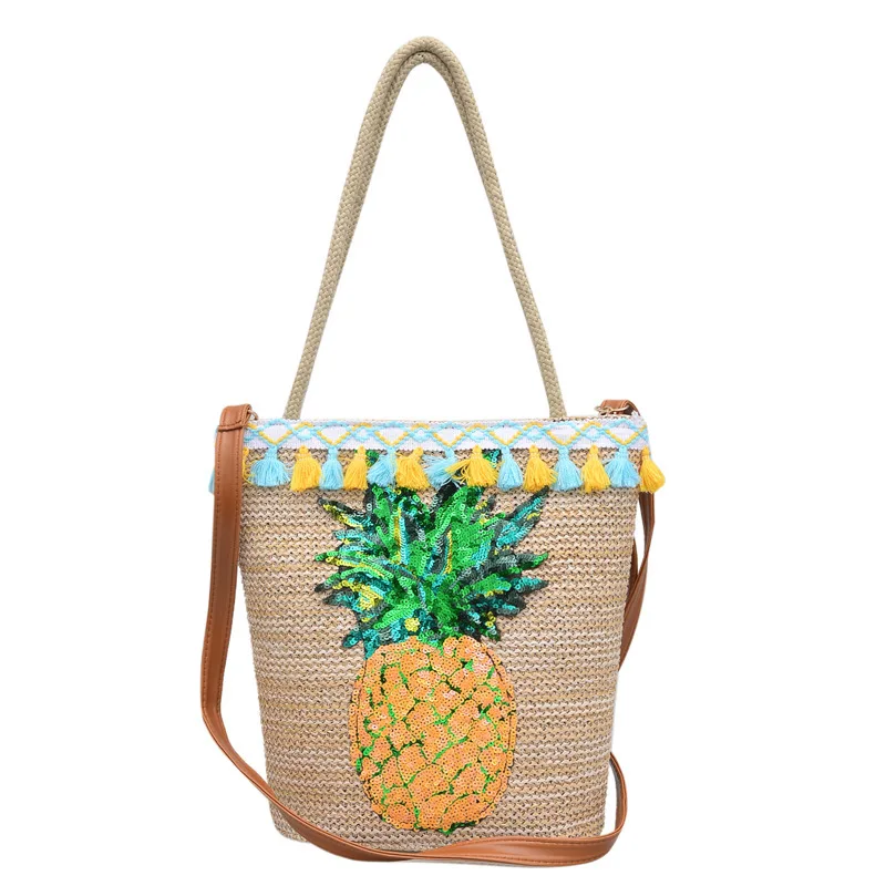 

OEM embroidery Pineapple handbag straw summer beach bucket women tassel tote bag for Ladies, Customerized