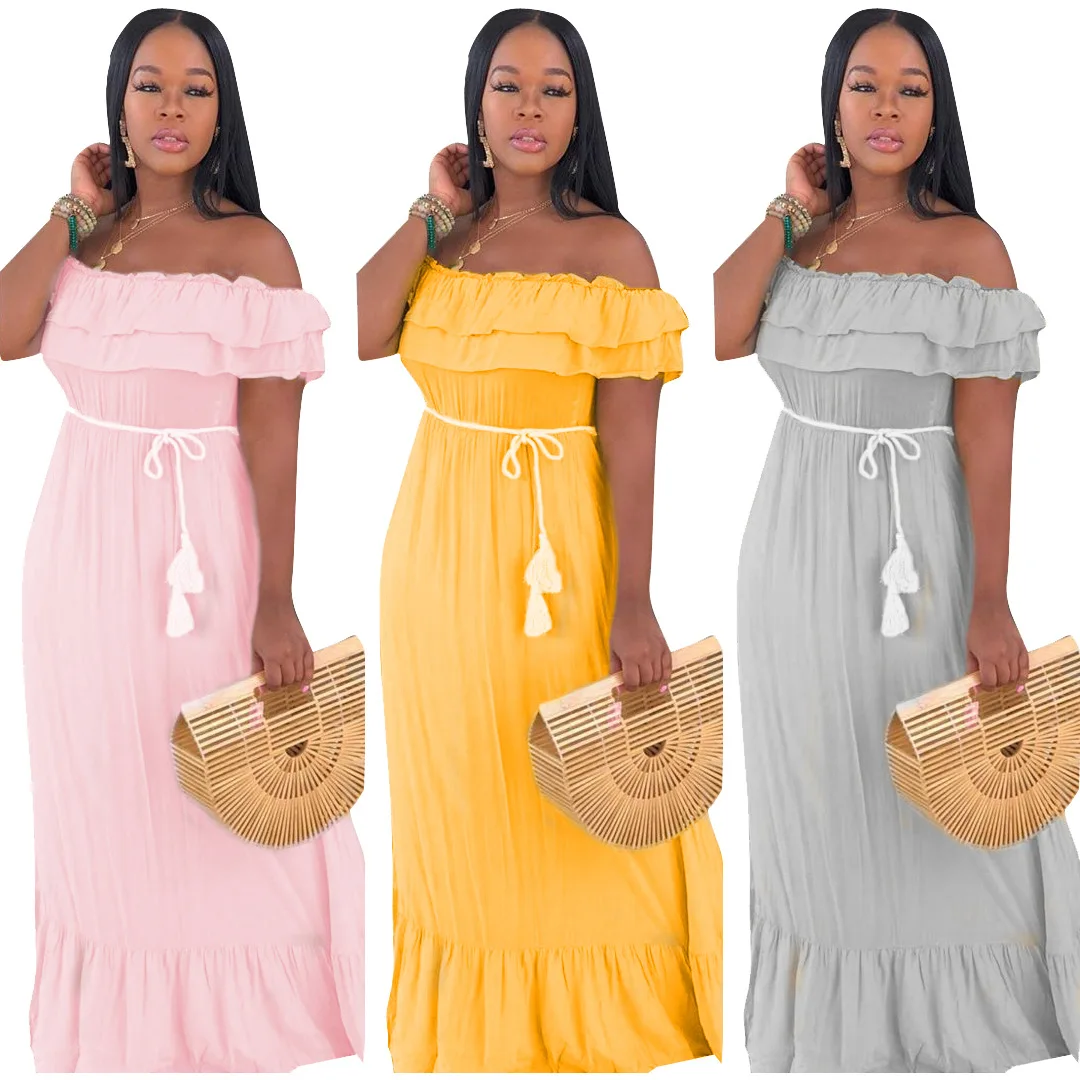 

2021 Hot sale women's sexy solid color Ruffle Dress with belt, As picture